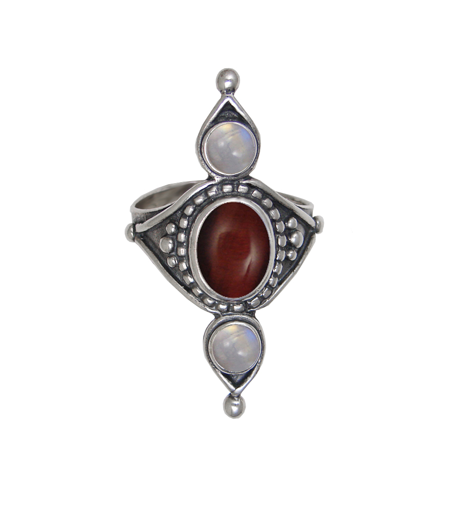 Sterling Silver Royal Ring With Red Tiger Eye And Rainbow Moonstone Size 9